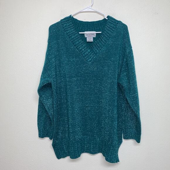 Vintage 90s Diane Von Furstenberg Sz 1X Sweater Green Sparkle Oversized Metallic - Picture 1 of 9